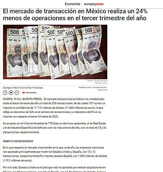 El mercado de transaccin en Mxico realiza un 24% menos de operaciones en el tercer trimestre del ao